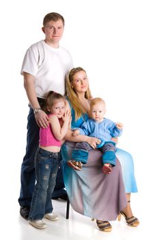 Happy Family with two kids together isolated on white