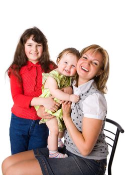 Happy Mother with two daughters isolated on white