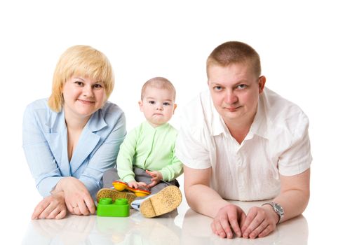 Happy Family of mother father and one year baby isolated