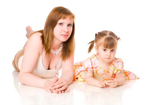 Mother with two years daughter together isolated on white