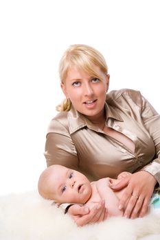 Mother with baby posing at camera isolated on white