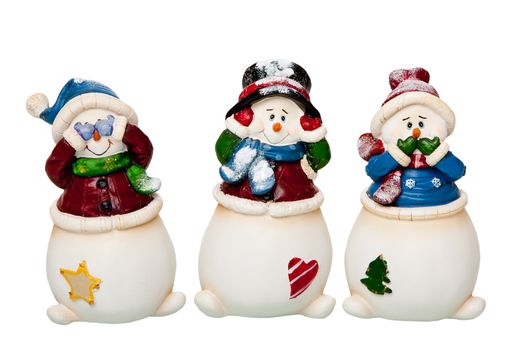 Happy smiling Christmas white Snowmen dressed with scarves and hats, see, hear and speak no Evil, covering eyes, ears and mouth, isolated.