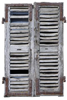 Closed window with old wood shutters on a white background