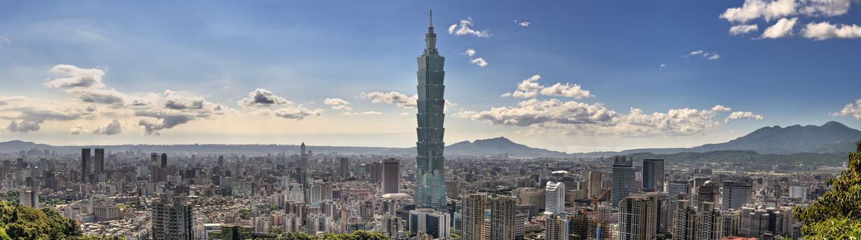 Taipei cityscape with famous landmark skyscraper and buildings, panoramic city scenery and skyline in Taiwan.