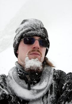 Portrait of a man with frozen beard in winter