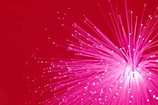 Abstract style close up capturing bright pink illuminated fibre optic light strands against a bright red background.