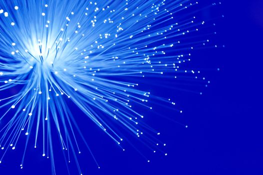 Close up capturing illuminated blue fibre optic light strands against a vibrant blue background.