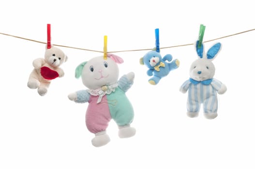 child clothesline teddy bear isolated on white background
 
