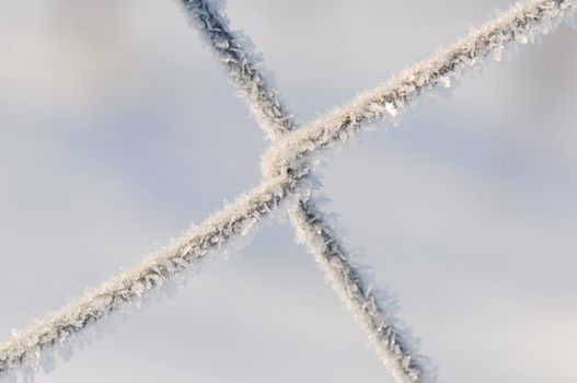 Frost on a wire fence in close-up