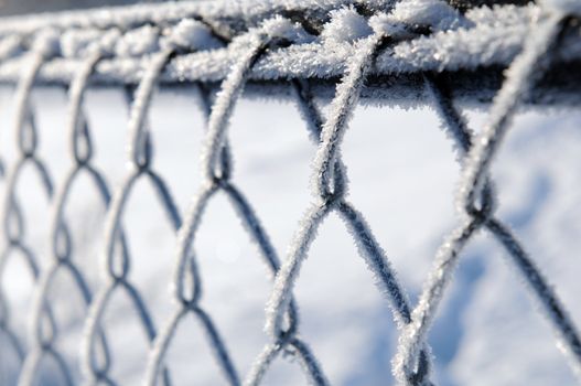 Frost on a wire fence in close-up