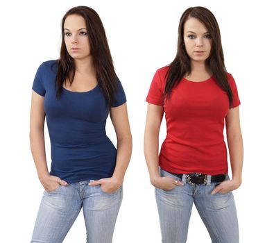 Young beautiful brunette female with blank red shirt and blue shirt. Ready for your design or logo.