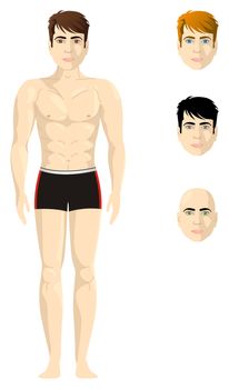 A half naked man, proportional body, with different version of hair and eyes colour