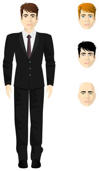 Male businessman in a white shirt and black suit, thickness proportional body, the different colors of eyes and hair