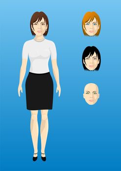 Female businesswoman in a white shirt, thickness proportional body, the different colors of eyes and hair