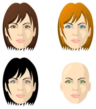 Women's faces, different color eyes and hair