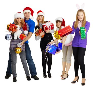 Group of young people on a white background with New Year's gifts