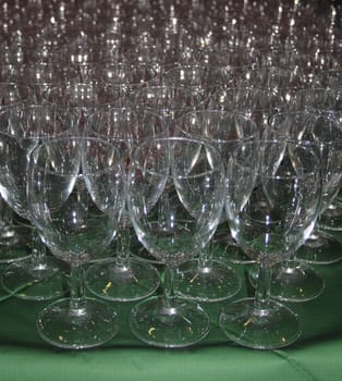 Wine glasses set out for a festive party.