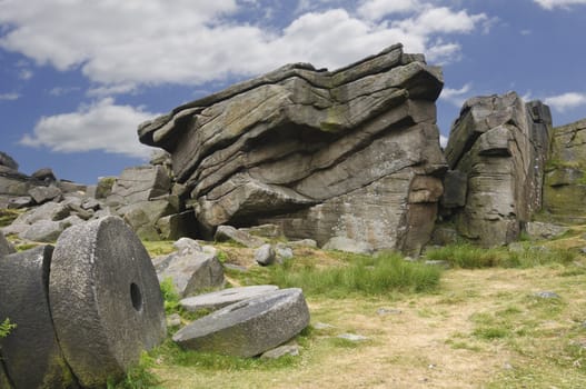 View from Stanage Edge on Hathersage Moor in Peak District National Park Derbyshire England