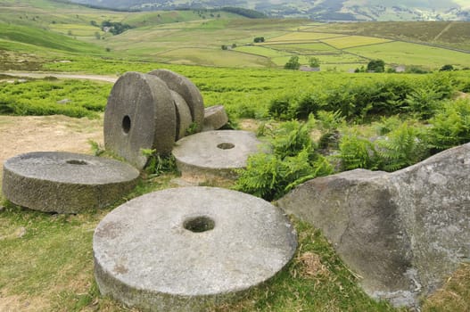 View from Stanage Edge on Hathersage Moor in Peak District National Park Derbyshire England