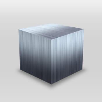 Illustration of a 3D stainless steel metallic cube isolated over a silver background.