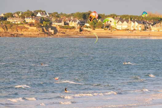 Shot of Kitesurfer at the stormy bay of Saint-malo in Brittany, France