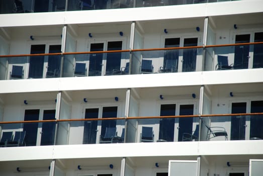 cruise ship with a view of the staterroms with outdoor views