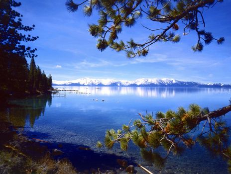 Lake Tahoe with snow covered mountains