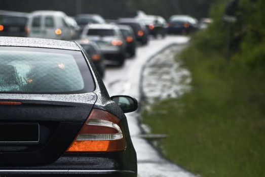 Cars lined up in traffic Jam at rush hour!