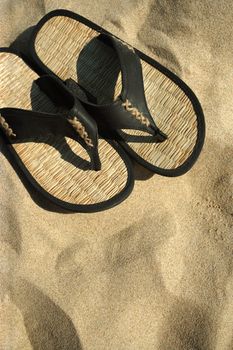 An image of sandals resting on the hot sand of a tropical beach.
