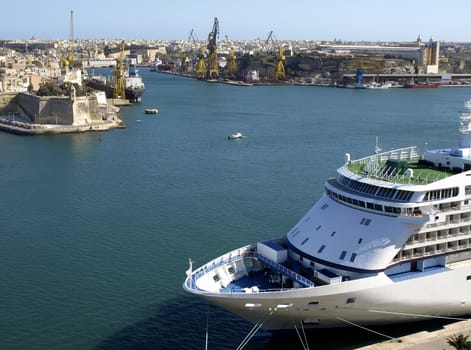 Large cruiseliner berthed in the Grand Harbour in Malta