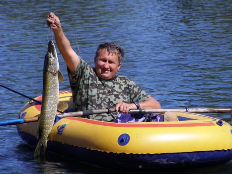 Fisherman caught the pike, that to him was given with difficulty. Man for long pulled it, hoping for the success. Fish proved to be large weight 5 kg. Good catch. Excellent of ear from it came out. Photo is made in the Ukraine on Seym river.