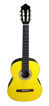 Yellow classical guitar is cut out and has white background
