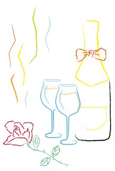 Two glasses with the refined wine for that loved are prepared in the romantic evening. This evening - Valentine's day or International Women's day on March 8, and can be in the honor of the forthcoming wedding.  Bow on the neck of bottle and the lying rose. Everything for the only.