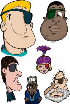 Group of six diverse cartoon heads with an eyepatch