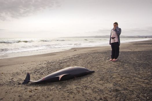 A young lady looks at a dolphin found washed up on Haumoana Beach, Hawkes Bay, New Zealand