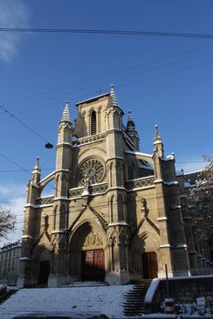 church and snow and trees