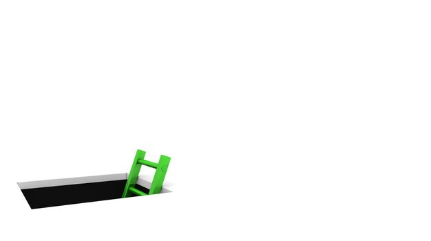 a rectangle hole in the white ground - metallic green ladder to climb out - whitespace on the right for your content