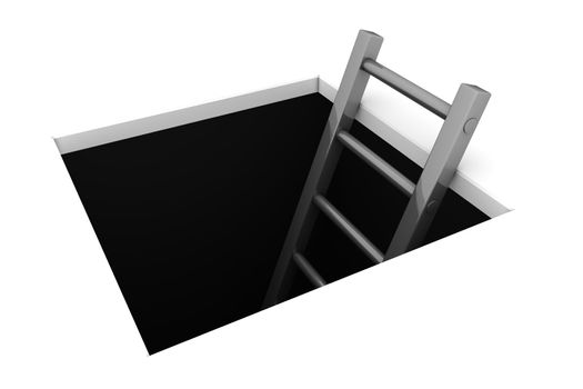 a rectangle hole in the white ground - metallic grey ladder to climb out