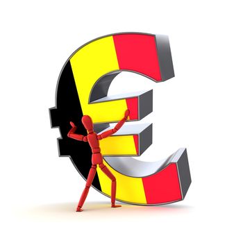 person in red is trying to stabilize a metallic euro sign - front is textured with a belgian flag