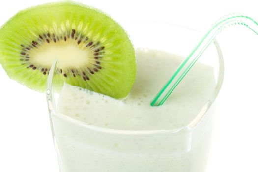 close-up milk shake with kiwi and straw, isolated on white