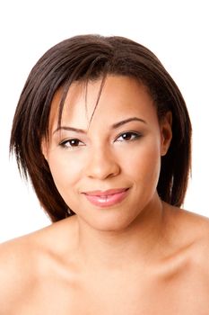 Face of a beautiful attractive happy young woman with short hair, skincare concept,  isolated.