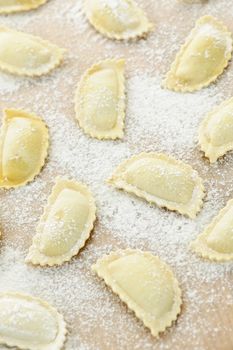 Uncooked ravioli pasta prepared and ready for cooking from above