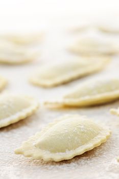 Uncooked ravioli pasta prepared and ready for cooking
