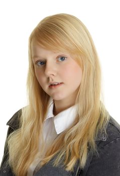 Portrait of beautiful young girl - blonde on a white background