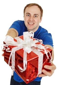 Funny man happily gives us a gift isolated on a white background