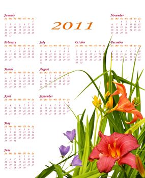 Floral 2011 calendar with beautiful red and orange lilies in the corner, simple and elegant.