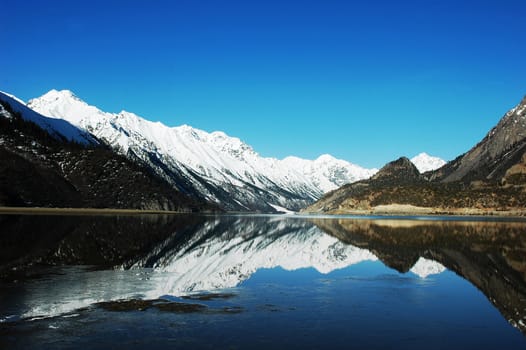 Landscape of snow-capped mountains with a mirror in the lake