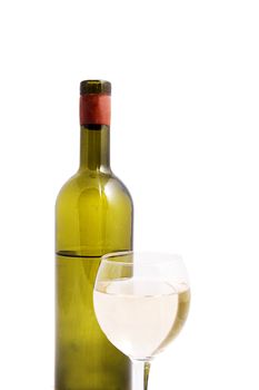 White wine bottle with glass isolated