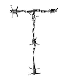 Letter T made from barbed wire