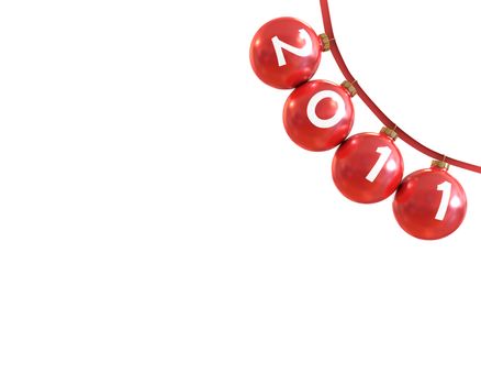 Red classic shiny chirstmass balls on red line, placed in corner, new year 2011, isolated on white background